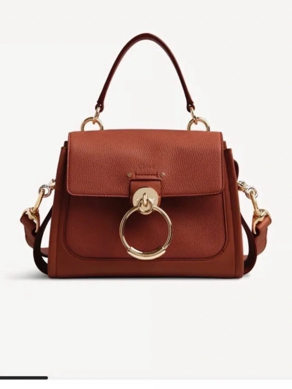 Chloe Brown Leather Top-Handle Satchel with Gold Ring